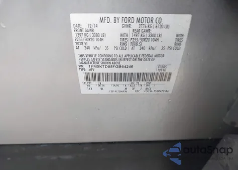 2015 Ford Explorer Xlt из США, поврежденный, VIN 1FM5K7D85FGB64249